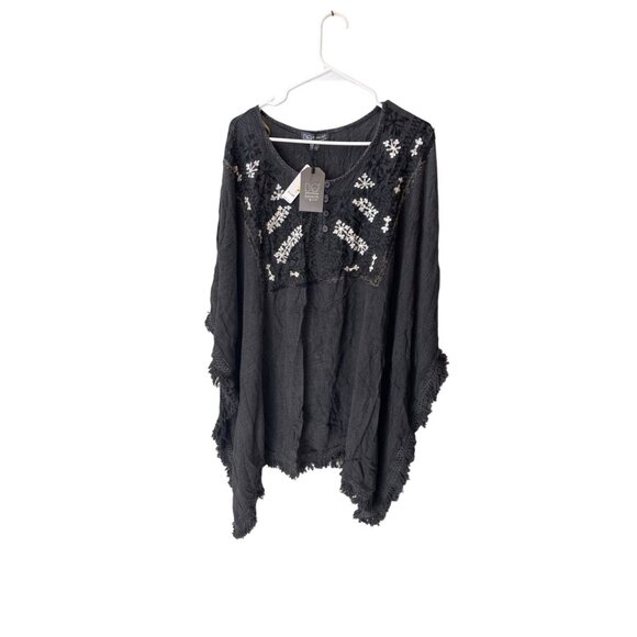 Be Beach by Exist Black Fringe Boho Poncho With Embroidered Floral Details L/XL - Picture 1 of 14